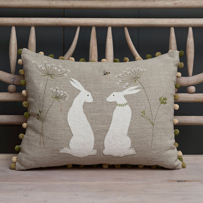 Embroidered Summer Hares Linen Cushion