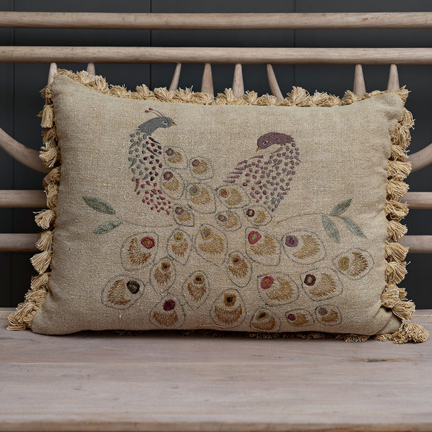 Embroidered Golden Peacocks Linen Cushion with Tassels