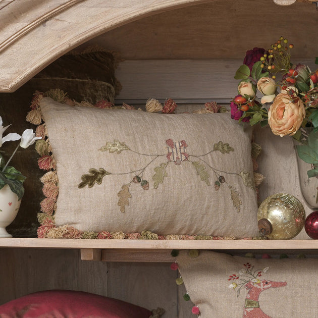 Embroidered Autumn Garland Cushion on Rustic Linen