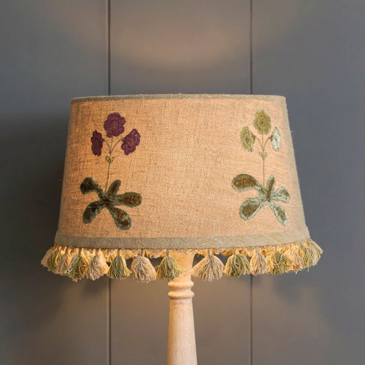 Embroidered Saffron Linen Auriculas Lampshade with Tassels