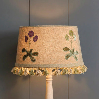 Embroidered Saffron Linen Auriculas Lampshade with Tassels