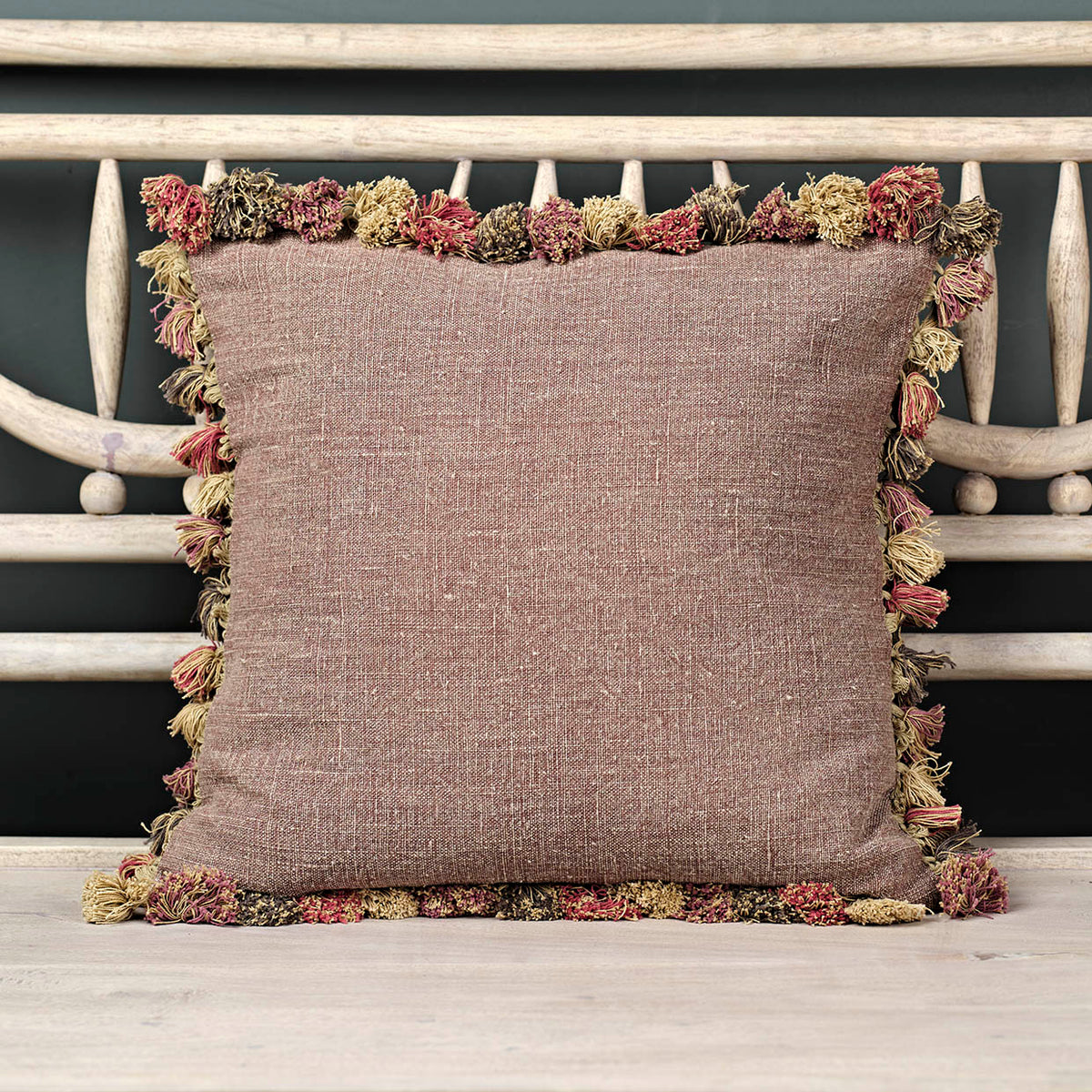 Large Dusky Mauve Rustic Linen Cushion with Tassels