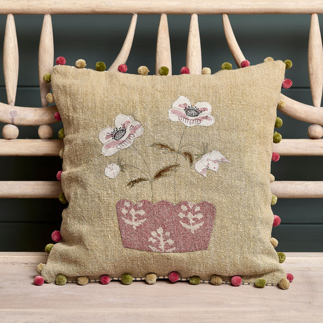 Anemones in Pot Rustic Linen Cushion