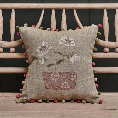 Anemones in Pot on Rustic Linen Cushion