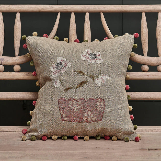 Anemones in Pot on Rustic Linen Cushion