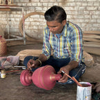 Sikar Carved Lamp Base - Hand Painted in Indian Red & Gold