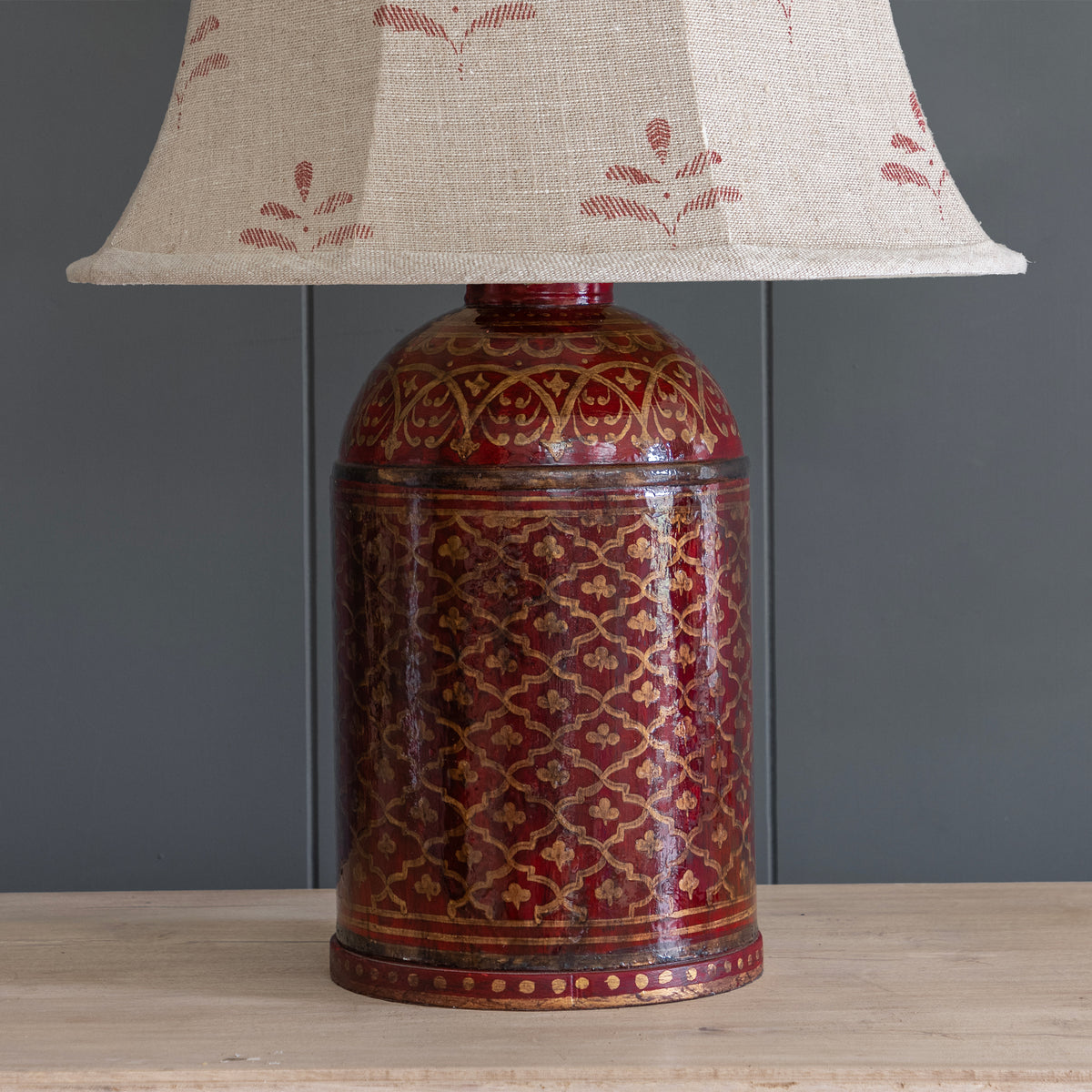 Hand Painted Indian Red &amp; Gold Tea Caddy Lamp Base
