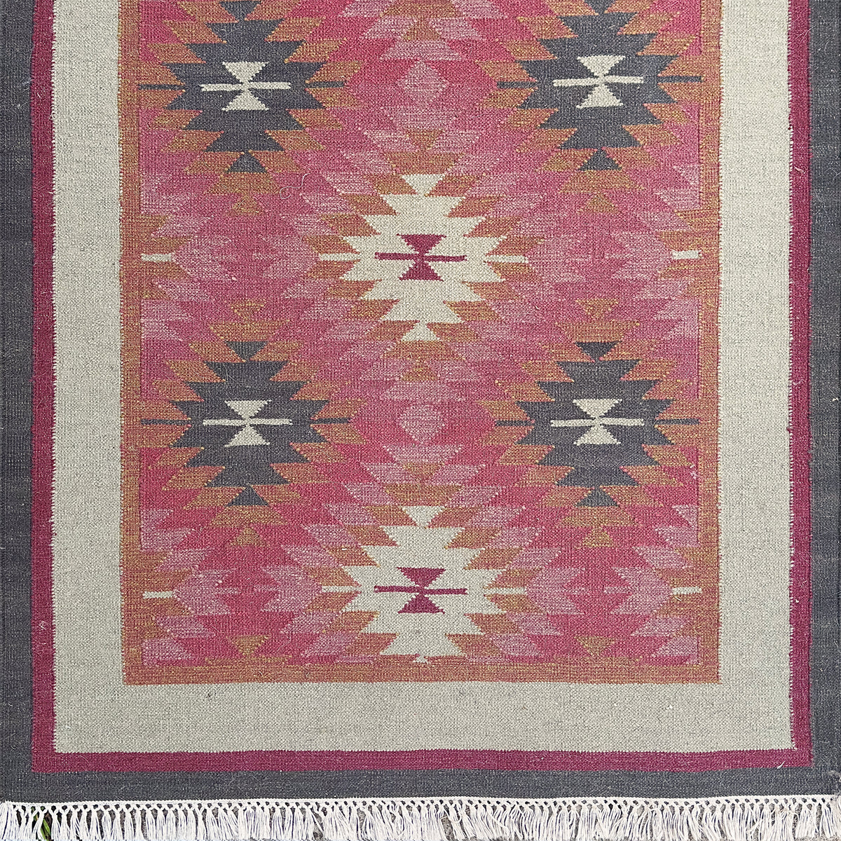 Rose Ragini wool kilim runner with pink and grey diamond motifs