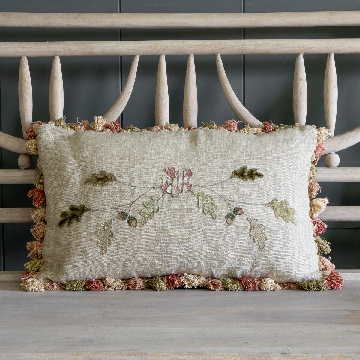 Embroidered Autumn Garland Cushion on Rustic Linen