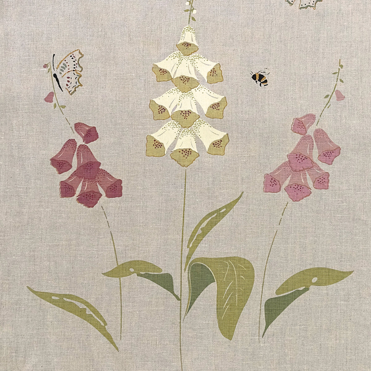 Foxglove linen printed with pink and cream foxgloves, bees and butterflies