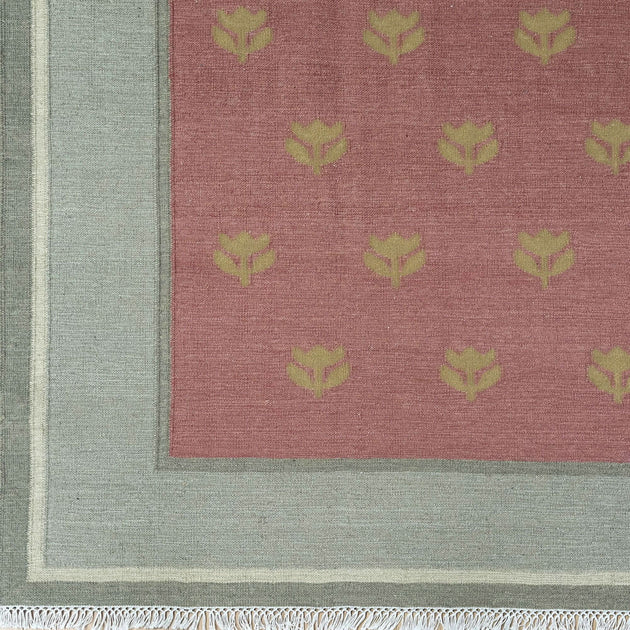 Hand-woven Wool Kilim - Faded Rose Tulip with Duck Egg Border