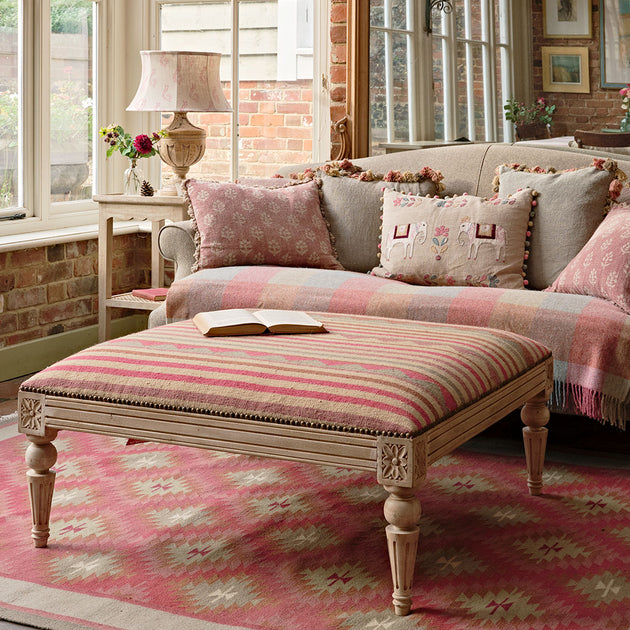 Carved Square Kilim Footstool - Blue Biarritz