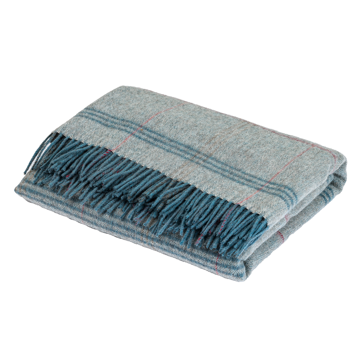 Blue Haze tartan lambswool throw folded flat against a black ground