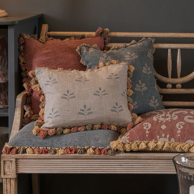 Blue Leaf Rustic Linen Cushion with Tassels