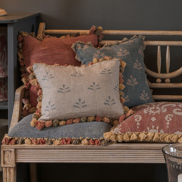 Blue Leaf Rustic Linen Cushion with Tassels