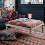 Carved Square Kilim Footstool - Blue Rose Ragini