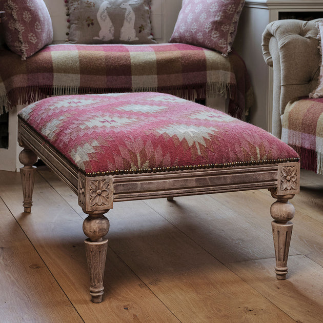 Carved Rectangular Kilim Footstool - Blue Rose Ragini