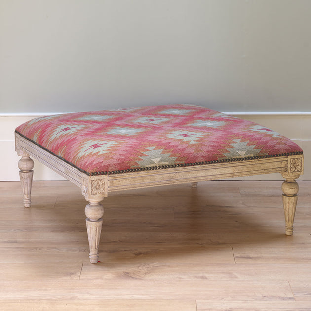 Carved Square Kilim Footstool - Blue Rose Ragini