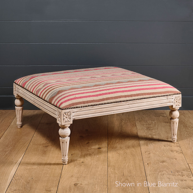 Carved Square Kilim Footstool - Blue Biarritz