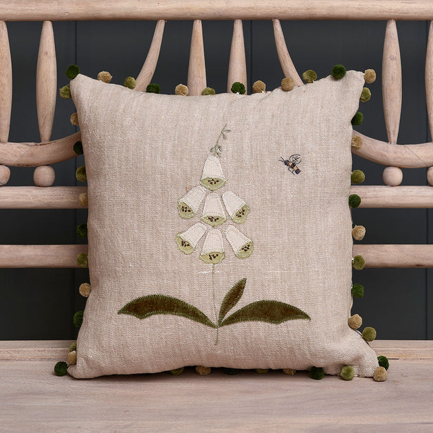 White Foxglove on Rustic Linen with Pompoms