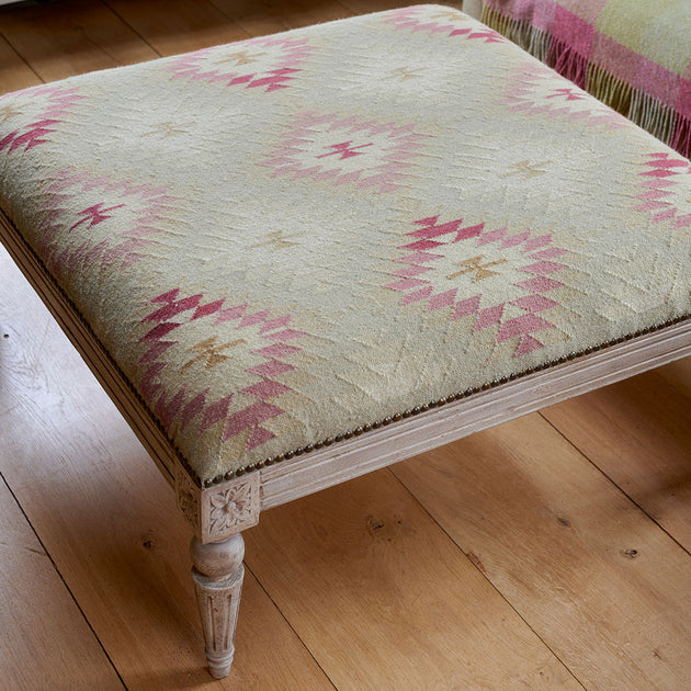 Carved Square Kilim Footstool - Celadon Ragini