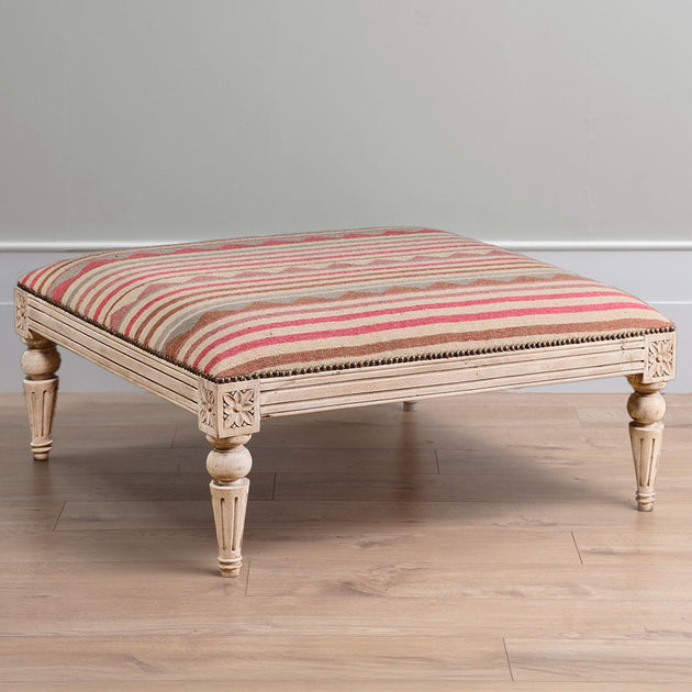 Carved Square Kilim Footstool