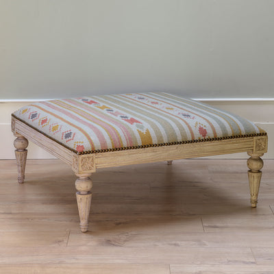 Carved Square Kilim Footstool - Celadon Andalusia