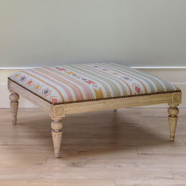 Carved Square Kilim Footstool - Celadon Andalusia
