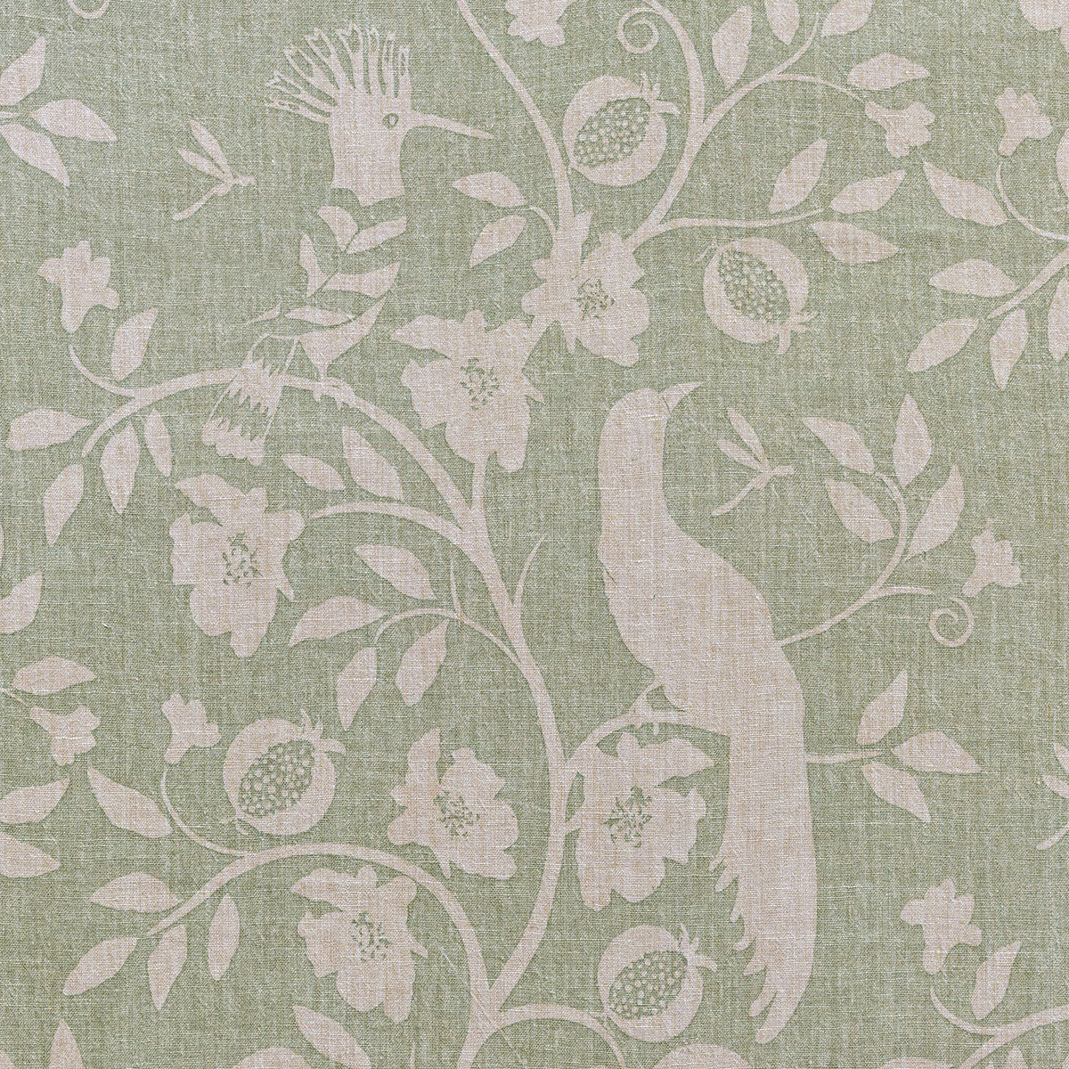 Celadon Hoopoe stonewashed rustic linen swatch with birds among trailing flowers