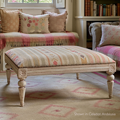 Carved Square Kilim Footstool - Celadon Andalusia