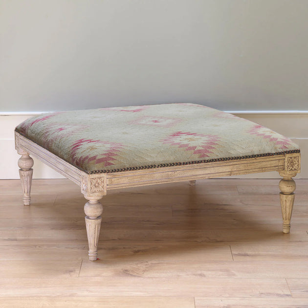 Carved Square Kilim Footstool