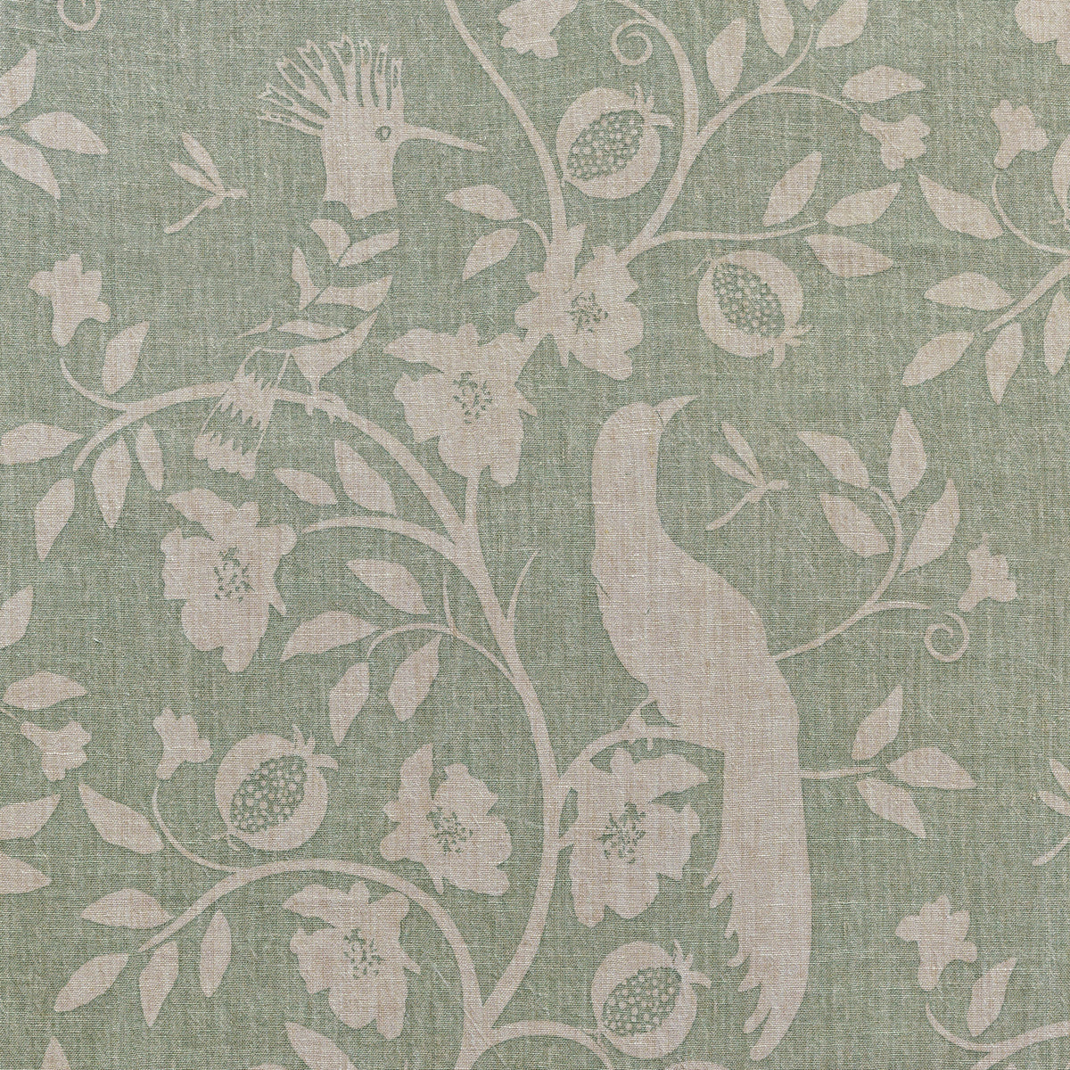 Duck egg Hoopoe stonewashed rustic linen with birds and trailing foliage
