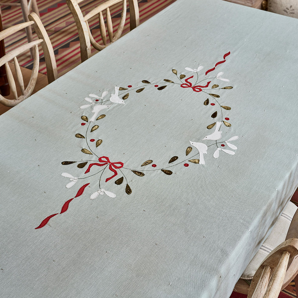 Duck Egg Ribbon &amp; Mistletoe Christmas Tablecloth