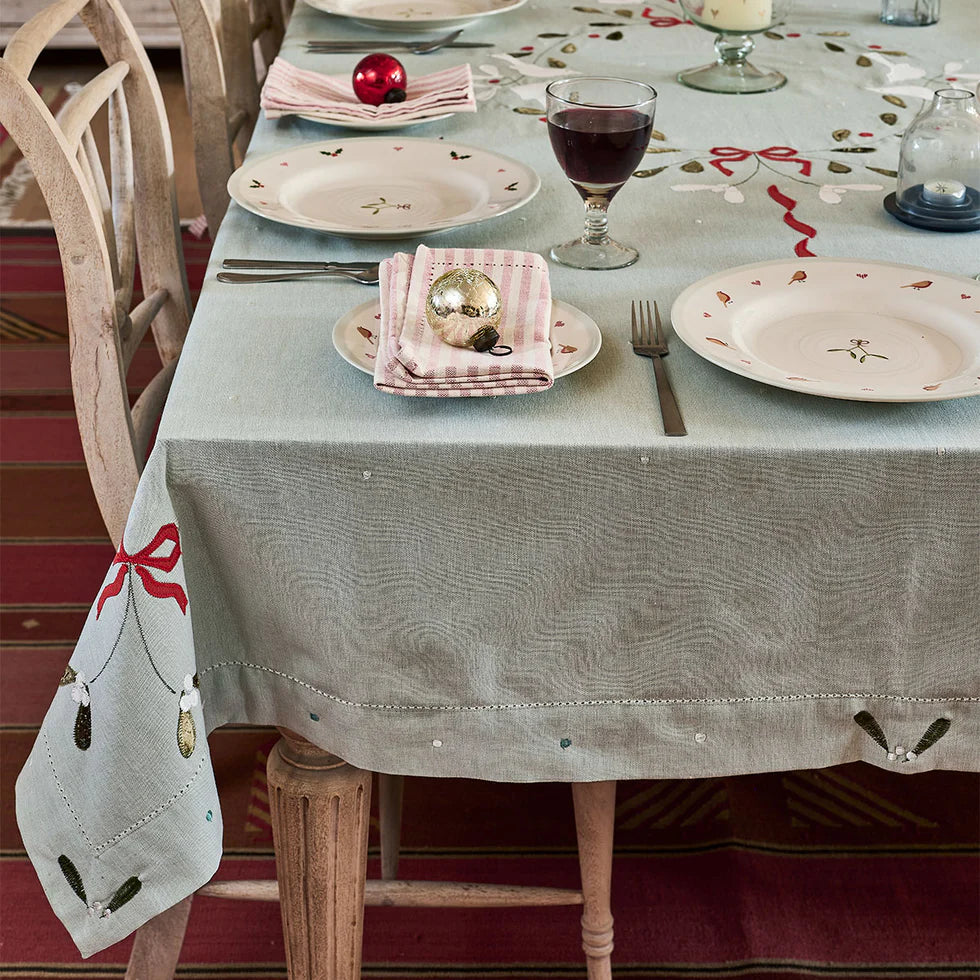 Duck Egg Ribbon &amp; Mistletoe Christmas Tablecloth
