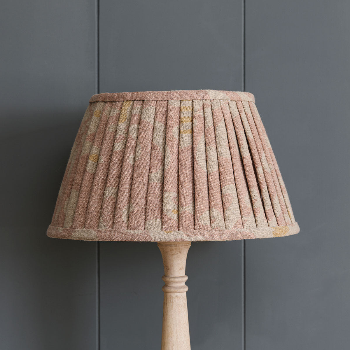Dusky Pink Natasha pleated linen lampshade on a slim turned base
