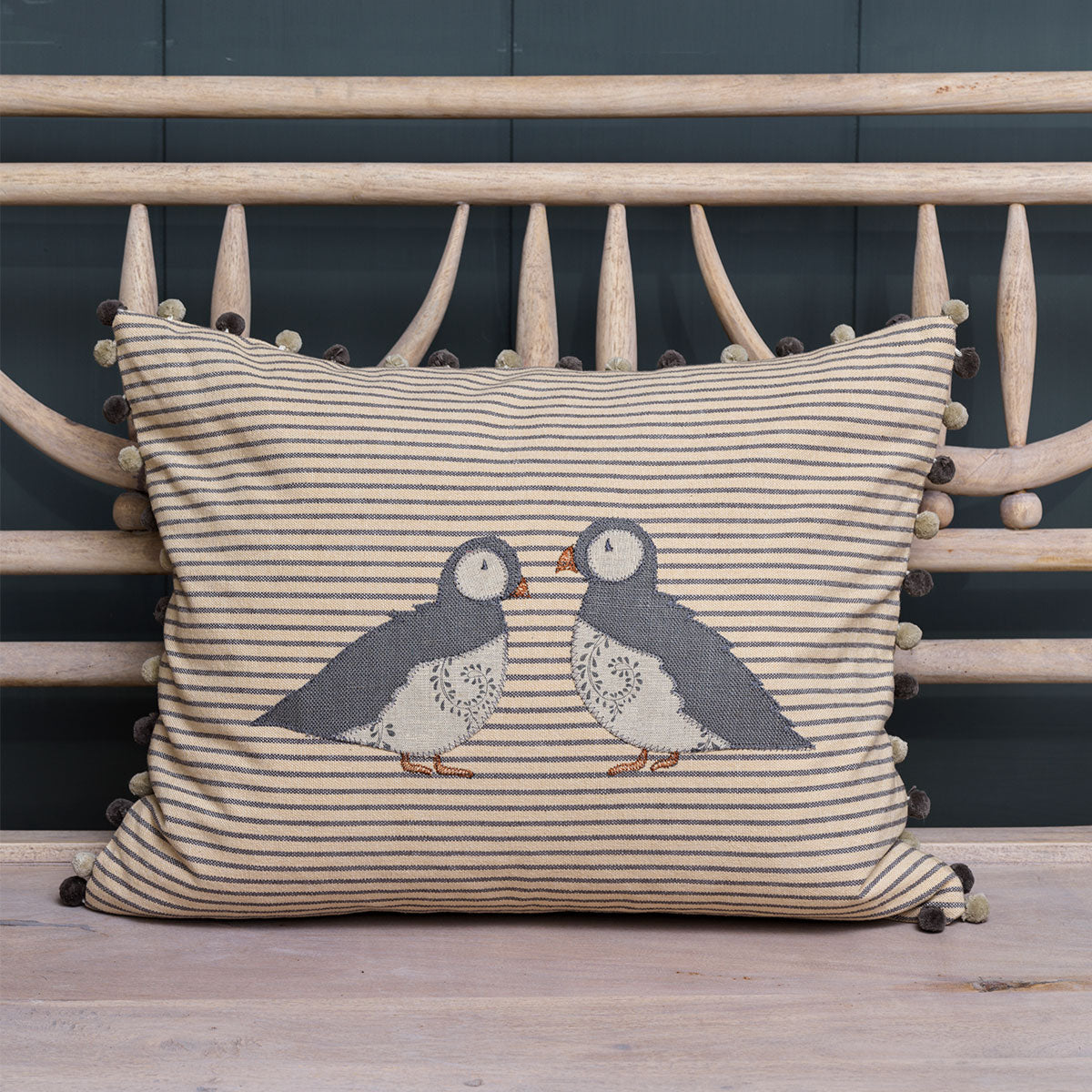 Embroidered Puffins Cushion