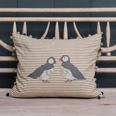 Embroidered Puffins Cushion
