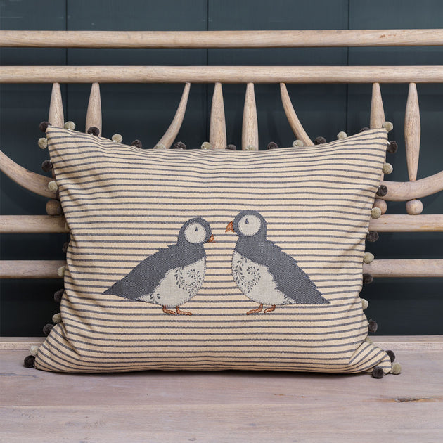 Embroidered Puffins Cushion