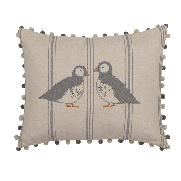 Embroidered Puffins Cushion