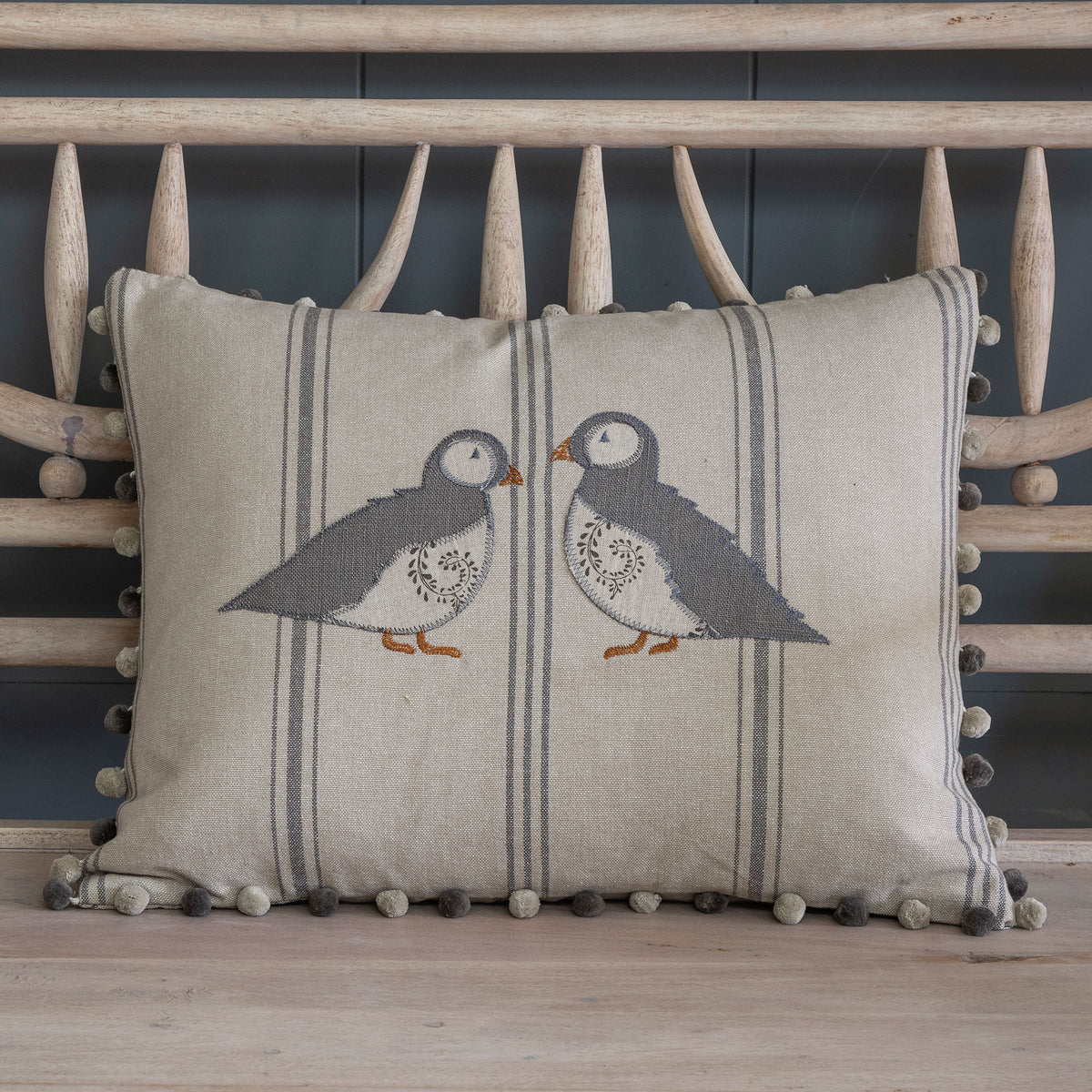 Embroidered Puffins Cushion