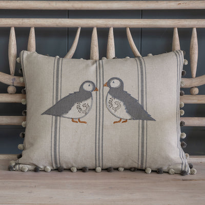 Embroidered Puffins Cushion