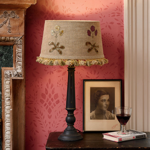 Embroidered Saffron Linen Auriculas Lampshade with Tassels