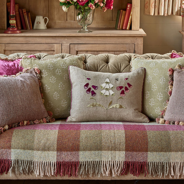 Embroidered Three Foxglove Rustic Linen Cushion