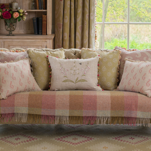 Embroidered White Foxgloves Rustic Linen Cushion