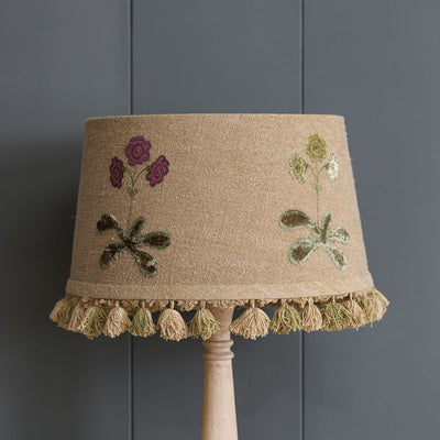 Embroidered Saffron Linen Auriculas Lampshade with Tassels