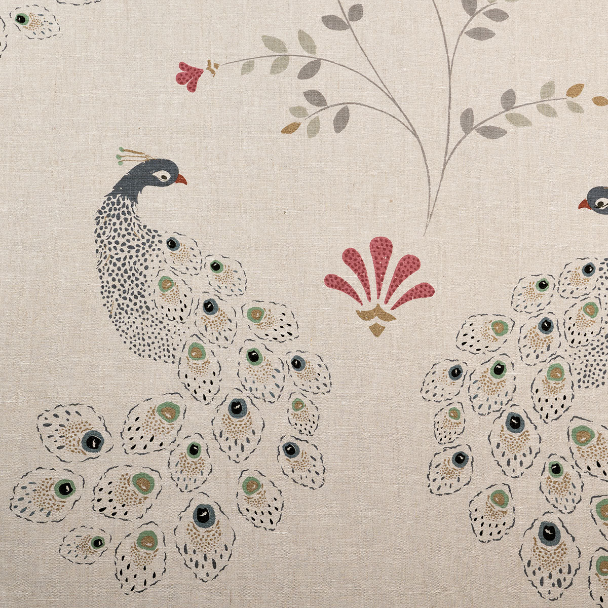 Blue and gold peacock block print on natural linen, flat fabric detail