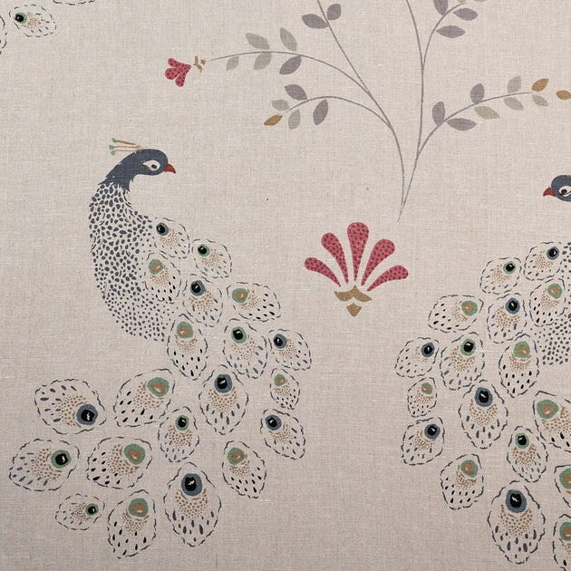 Hand-printed Blue Gold Peacocks Light Linen – 311L