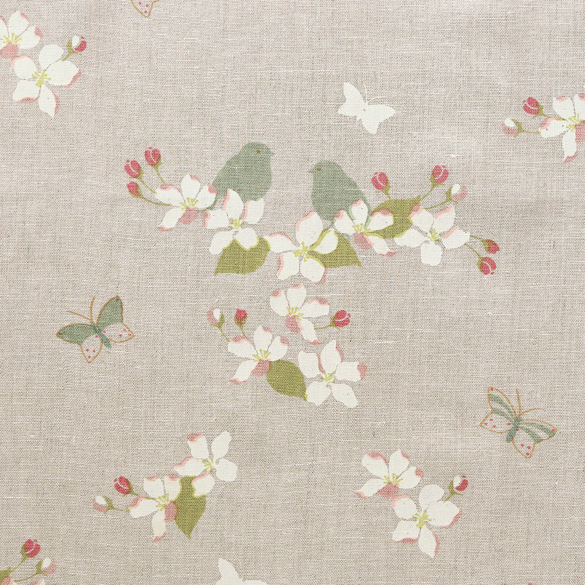 Ivory apple blossom linen printed with blossom, small birds and butterflies