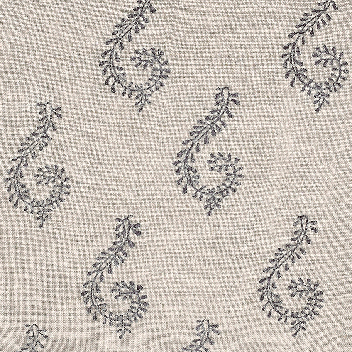 Graphite Shalini leaf design hand-printed on natural linen, flat detail