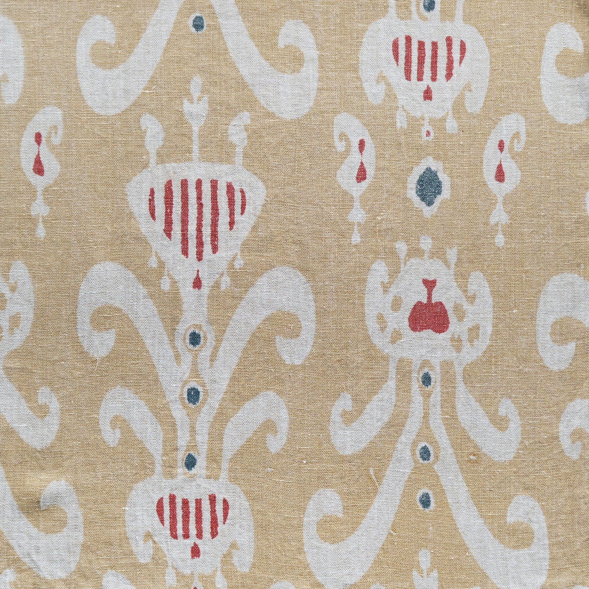 Saffron, red and blue Natasha linen panel, hand-printed and stonewashed